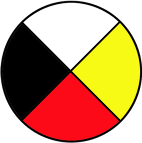 The Indigenous Medicine Wheel represented as a circle with four quadrants in white, yellow, red, and black.