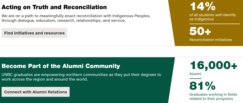 University of Northern BC’s homepage showing Indigenous content.