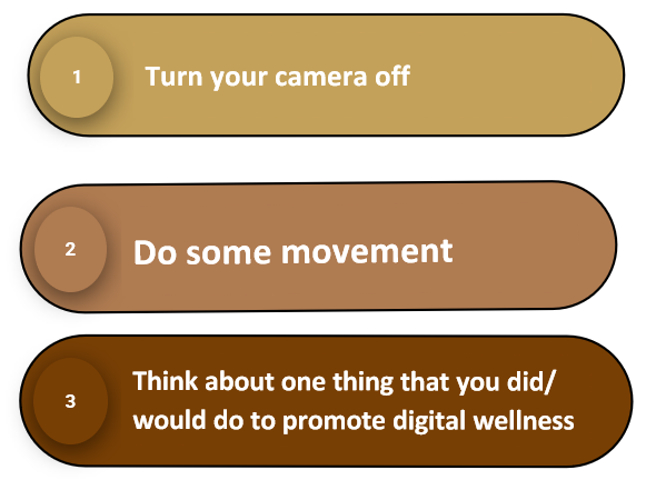 Try these activities: turn off your camera, do some movement, and think about how you would promote digital wellness.