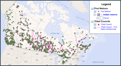 Map of Canada depicting First Nations traditional territory locations.